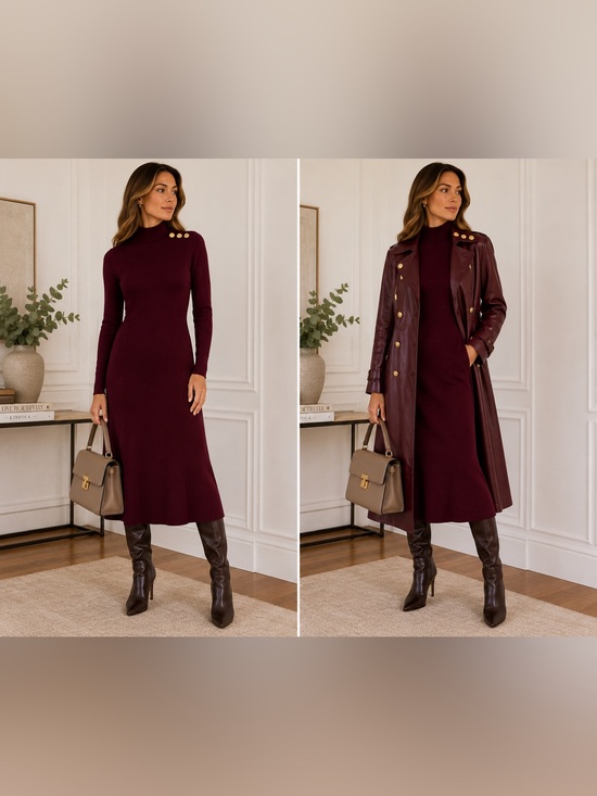 L'AGENCE Dresses & Skirts - L'AGENCE Voletta knit Turtleneck Midi Dress with Gold Buttons | size Large